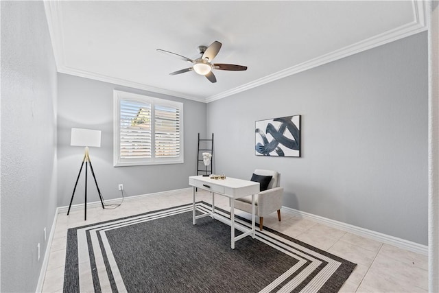 office area with light tile patterned floors, ceiling fan, baseboards, and crown molding