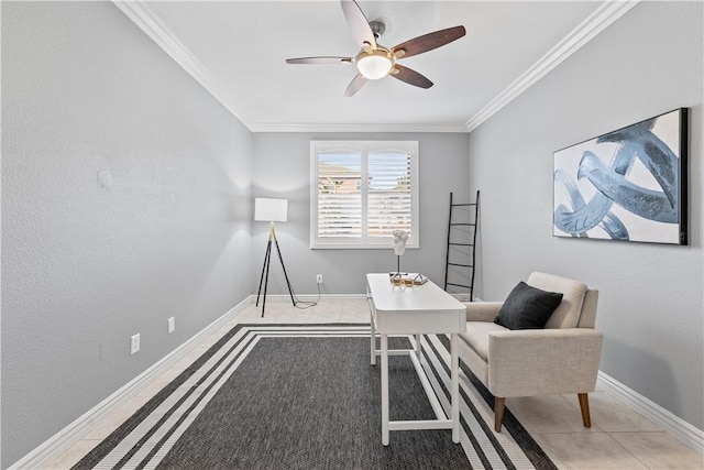 office with ornamental molding, tile patterned flooring, a ceiling fan, and baseboards