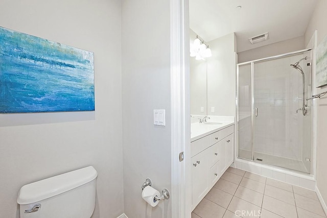 full bath featuring visible vents, toilet, a stall shower, vanity, and tile patterned floors