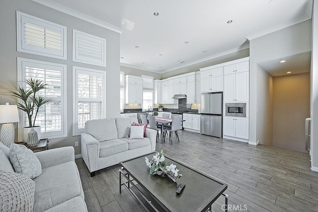 living room with ornamental molding, wood finished floors, and a healthy amount of sunlight