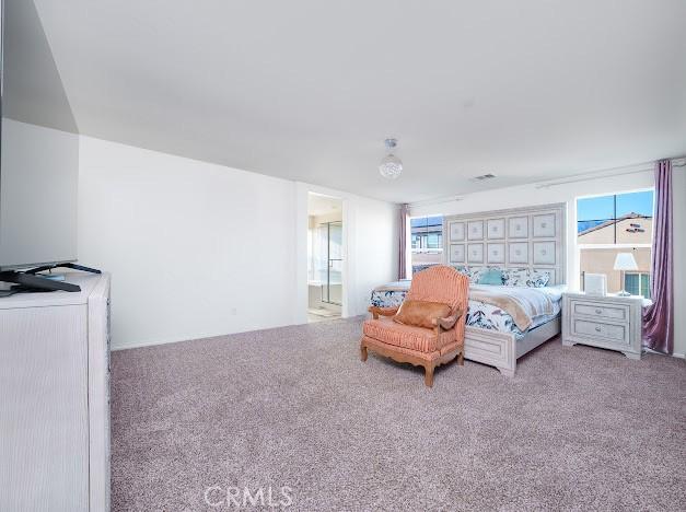 bedroom featuring carpet flooring, ensuite bath, and multiple windows