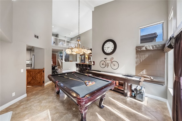 game room with visible vents, a towering ceiling, billiards, baseboards, and tile patterned floors