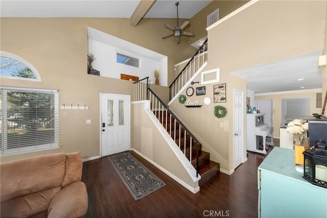 entryway with visible vents, stairway, dark wood-style flooring, beamed ceiling, and high vaulted ceiling