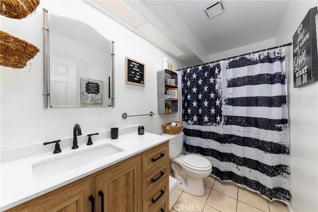 bathroom featuring toilet, vanity, visible vents, and tile patterned floors