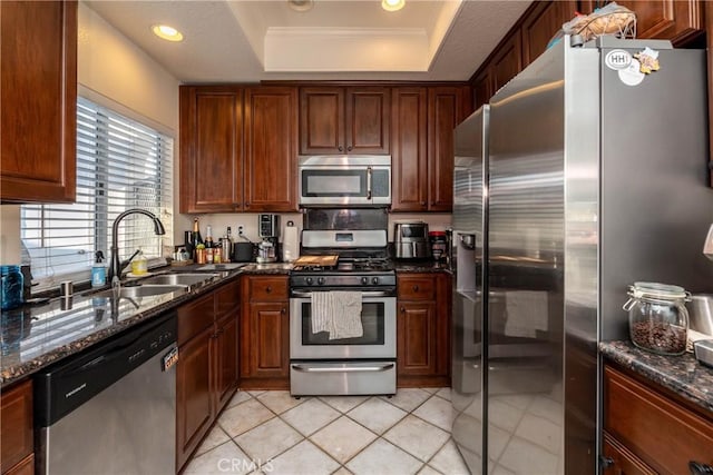 kitchen with appliances with stainless steel finishes, a raised ceiling, a sink, and dark stone countertops