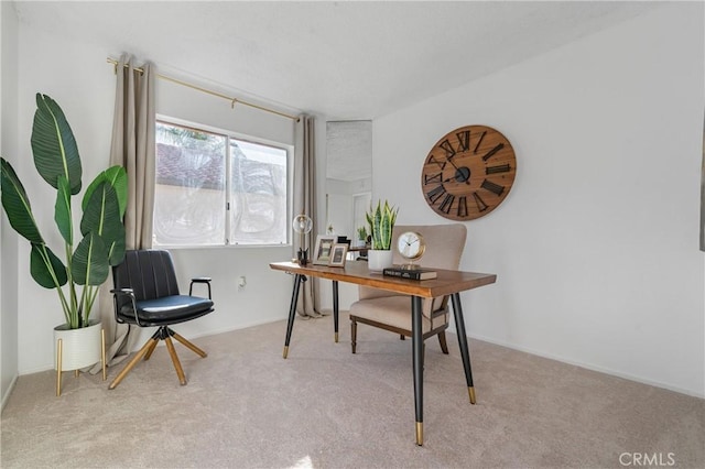 office space with light carpet and baseboards