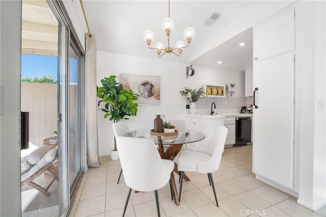 dining room featuring a chandelier, recessed lighting, visible vents, and light tile patterned flooring