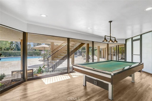 rec room featuring recessed lighting, billiards, and wood finished floors