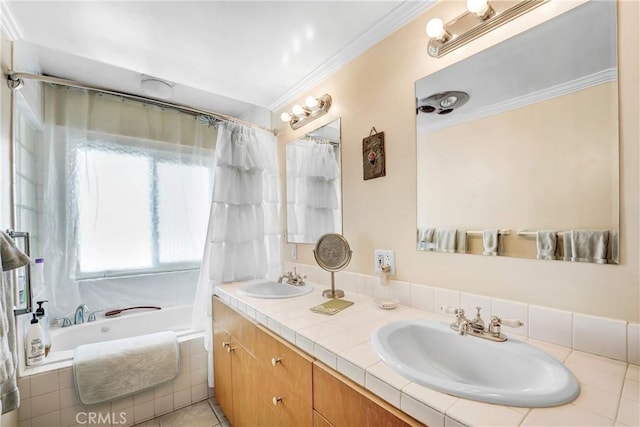2222 Cielo Pl, Arcadia, CA 91006 - bathroom featuring a relaxing tiled tub, double vanity, ornamental molding, curtained shower, and tile patterned floors