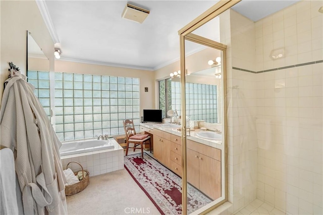2222 Cielo Pl, Arcadia, CA 91006 - full bath with ornamental molding, double vanity, a garden tub, and a stall shower