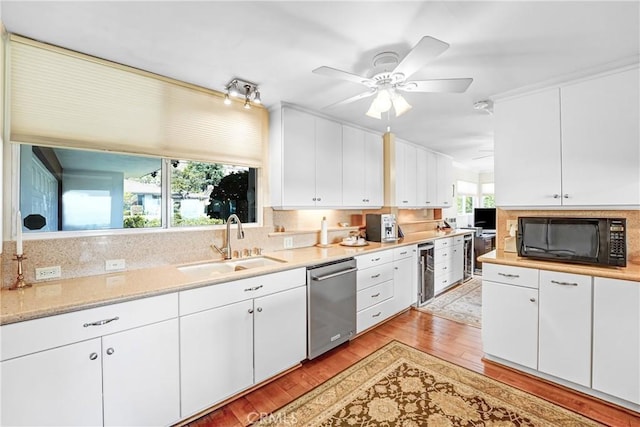 2222 Cielo Pl, Arcadia, CA 91006 - kitchen with dishwasher, black microwave, wine cooler, light wood-style floors, and tasteful backsplash