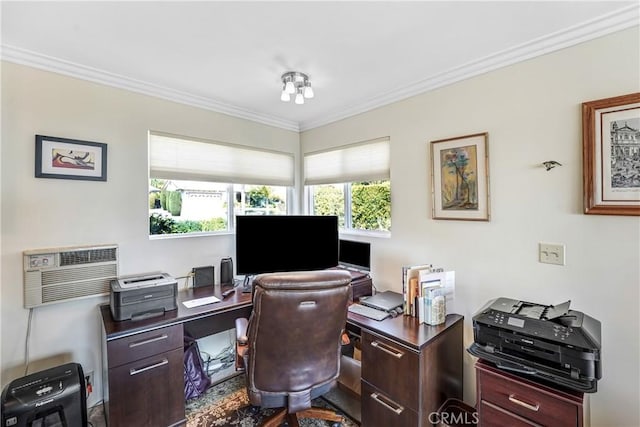 2222 Cielo Pl, Arcadia, CA 91006 - office area featuring crown molding and a wall mounted air conditioner