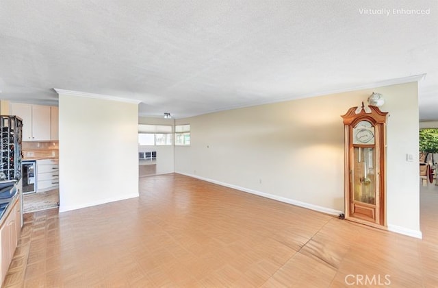 2222 Cielo Pl, Arcadia, CA 91006 - unfurnished living room featuring a textured ceiling and ornamental molding