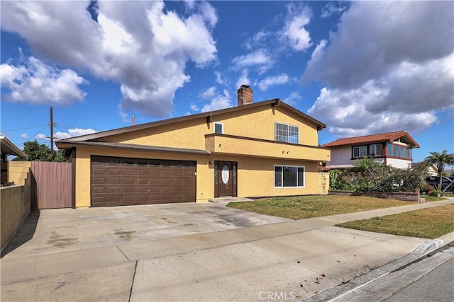 view of front of property featuring a garage, concrete driveway, a chimney, fence, and stucco siding