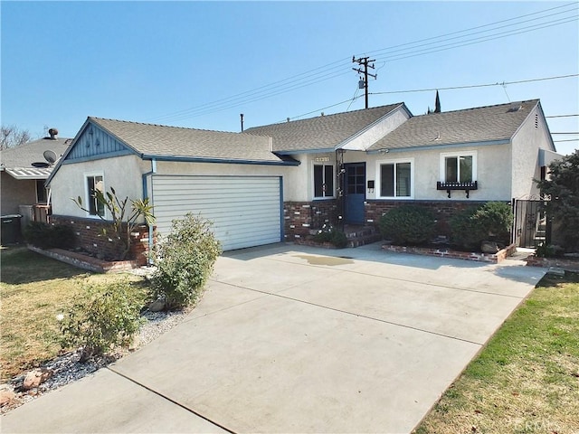 ranch-style home featuring brick siding, roof with shingles, an attached garage, driveway, and a front lawn