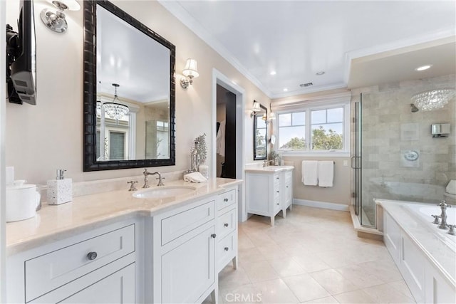 full bath featuring visible vents, ornamental molding, a sink, a shower stall, and two vanities