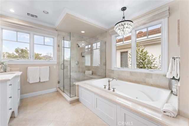 full bathroom featuring a healthy amount of sunlight, a shower stall, visible vents, and crown molding