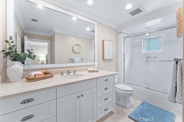 full bath with toilet, ornamental molding, and visible vents