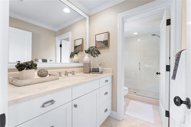 full bathroom with toilet, a stall shower, crown molding, and vanity