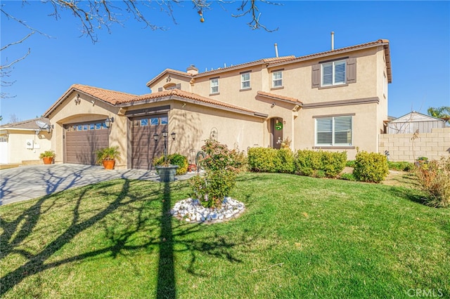 mediterranean / spanish-style house with a garage, driveway, a front yard, and stucco siding