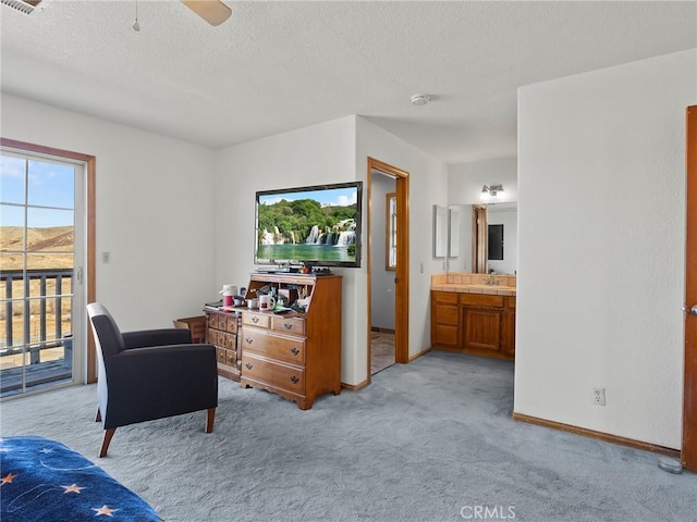 bedroom with a textured ceiling, light carpet, a sink, baseboards, and access to outside