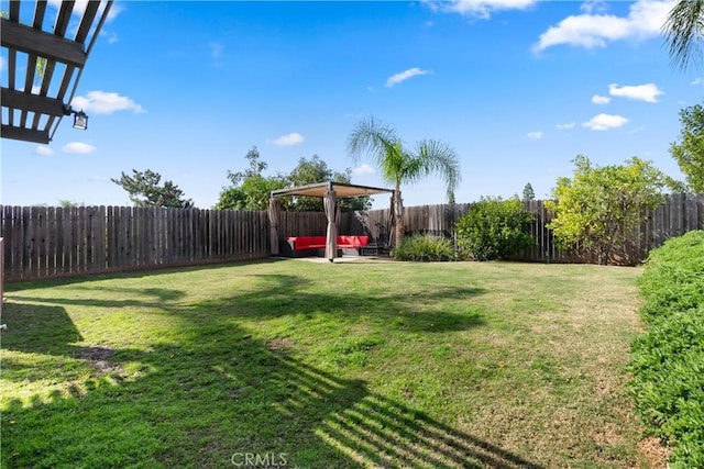 view of yard with a patio area, a fenced backyard, and a pergola