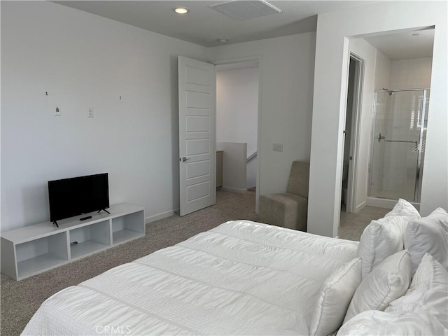 carpeted bedroom featuring recessed lighting, visible vents, and baseboards