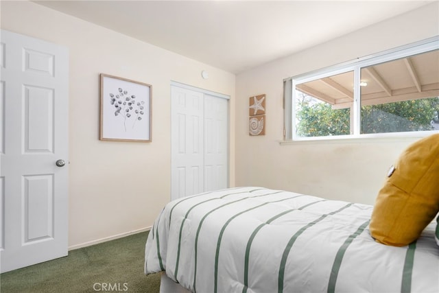 carpeted bedroom with a closet and baseboards