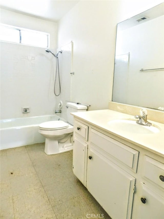 full bath with tile patterned flooring, toilet, visible vents, vanity, and shower / bathing tub combination