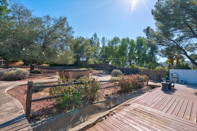 wooden terrace featuring a fenced backyard