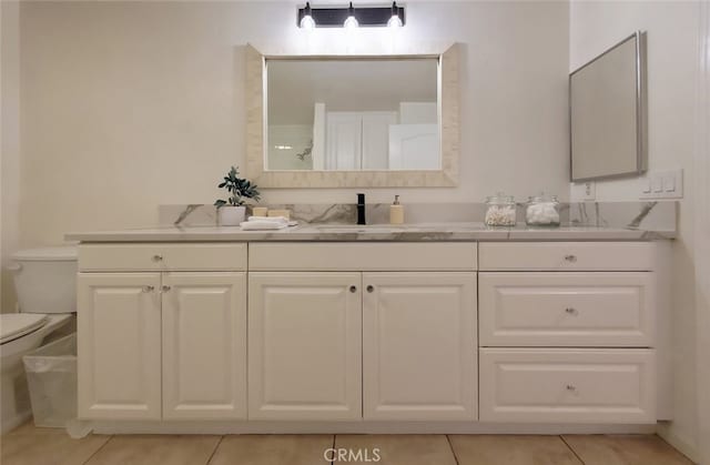 full bath with toilet, tile patterned floors, and vanity