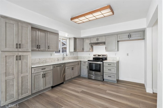 kitchen featuring appliances with stainless steel finishes, light wood-style flooring, under cabinet range hood, and a sink