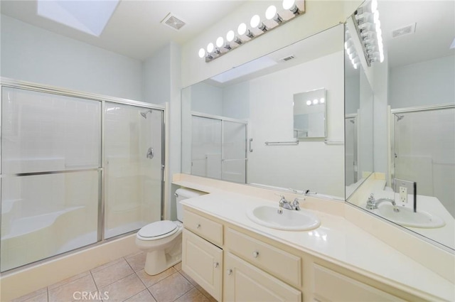 full bath featuring tile patterned floors, visible vents, toilet, and a shower stall