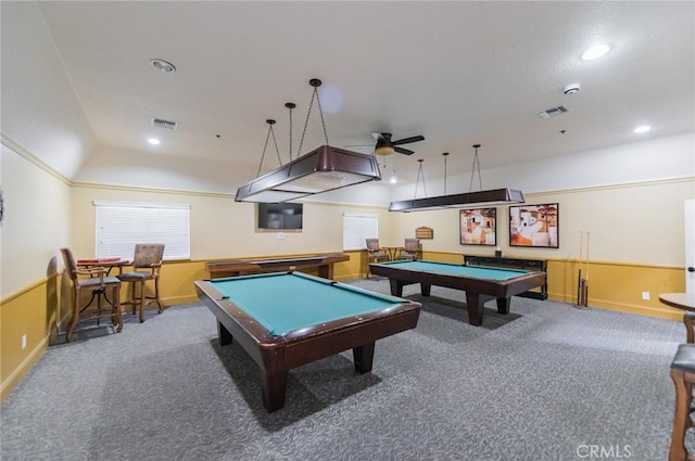 game room with visible vents, carpet flooring, pool table, and a healthy amount of sunlight