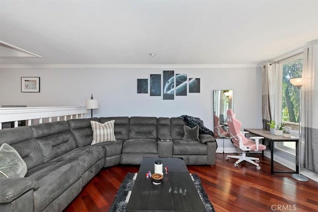 living room with dark wood-style floors, baseboards, and crown molding