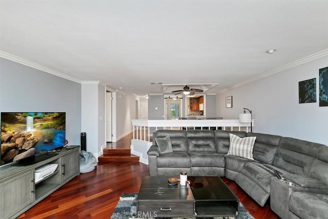 living area featuring dark wood-style floors, baseboards, and ornamental molding