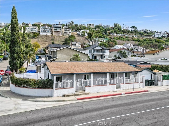 view of front facade with a fenced front yard and a residential view