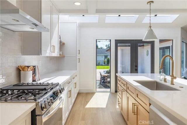 kitchen featuring light wood finished floors, wall chimney range hood, a skylight, stainless steel appliances, and a sink