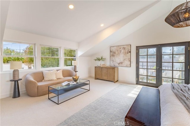 carpeted living room featuring recessed lighting, french doors, baseboards, and vaulted ceiling