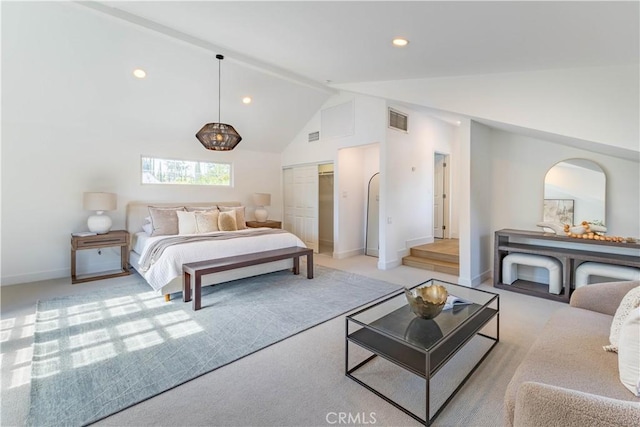 bedroom with visible vents, baseboards, light colored carpet, vaulted ceiling, and recessed lighting