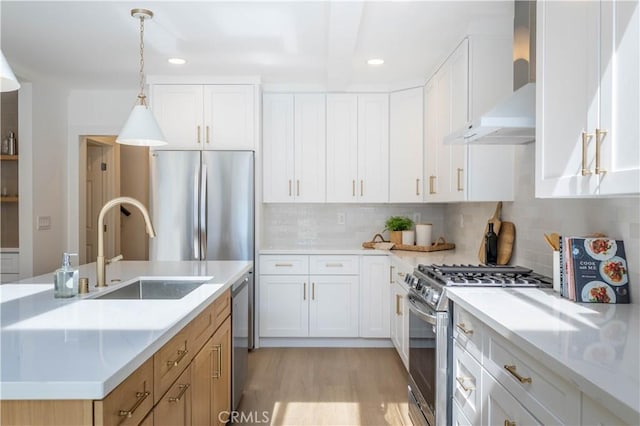 kitchen featuring a sink, wall chimney exhaust hood, white cabinetry, and stainless steel appliances