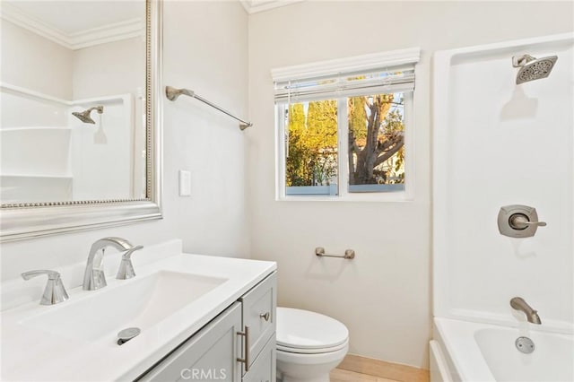 bathroom with toilet, bathtub / shower combination, crown molding, and vanity