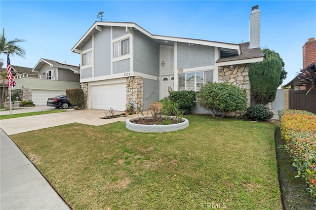 view of front of house featuring driveway, stone siding, a garage, and a front yard