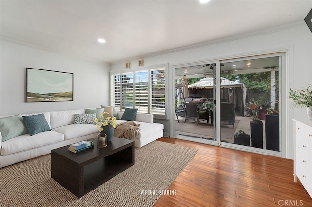 living area featuring ornamental molding, recessed lighting, and wood finished floors