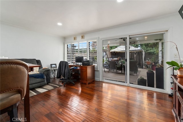 office space featuring crown molding, wood finished floors, and recessed lighting