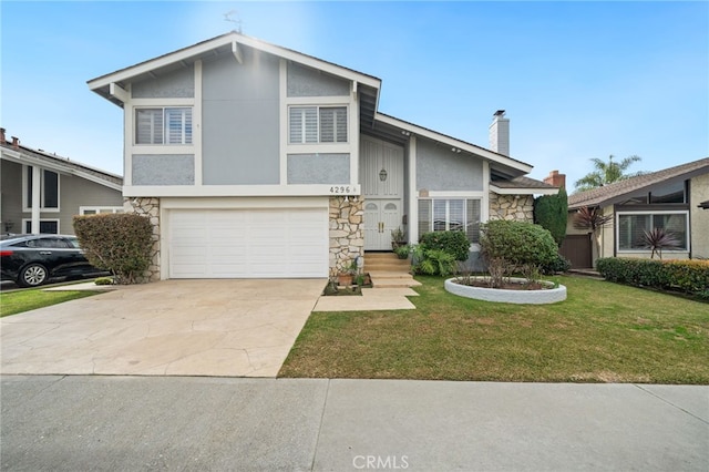 view of front of property with an attached garage, stone siding, concrete driveway, stucco siding, and a front lawn