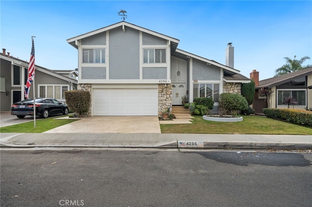 view of front of home with a garage, stone siding, concrete driveway, and stucco siding