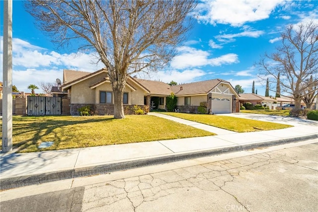 ranch-style house with a garage, concrete driveway, stucco siding, a residential view, and a front yard