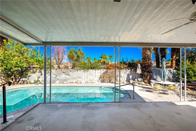 view of pool with a fenced backyard, a fenced in pool, and a patio