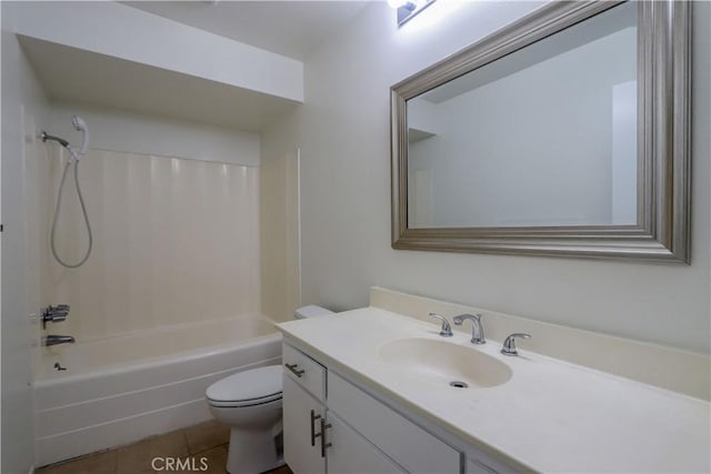 bathroom with toilet, tile patterned flooring, tub / shower combination, and vanity